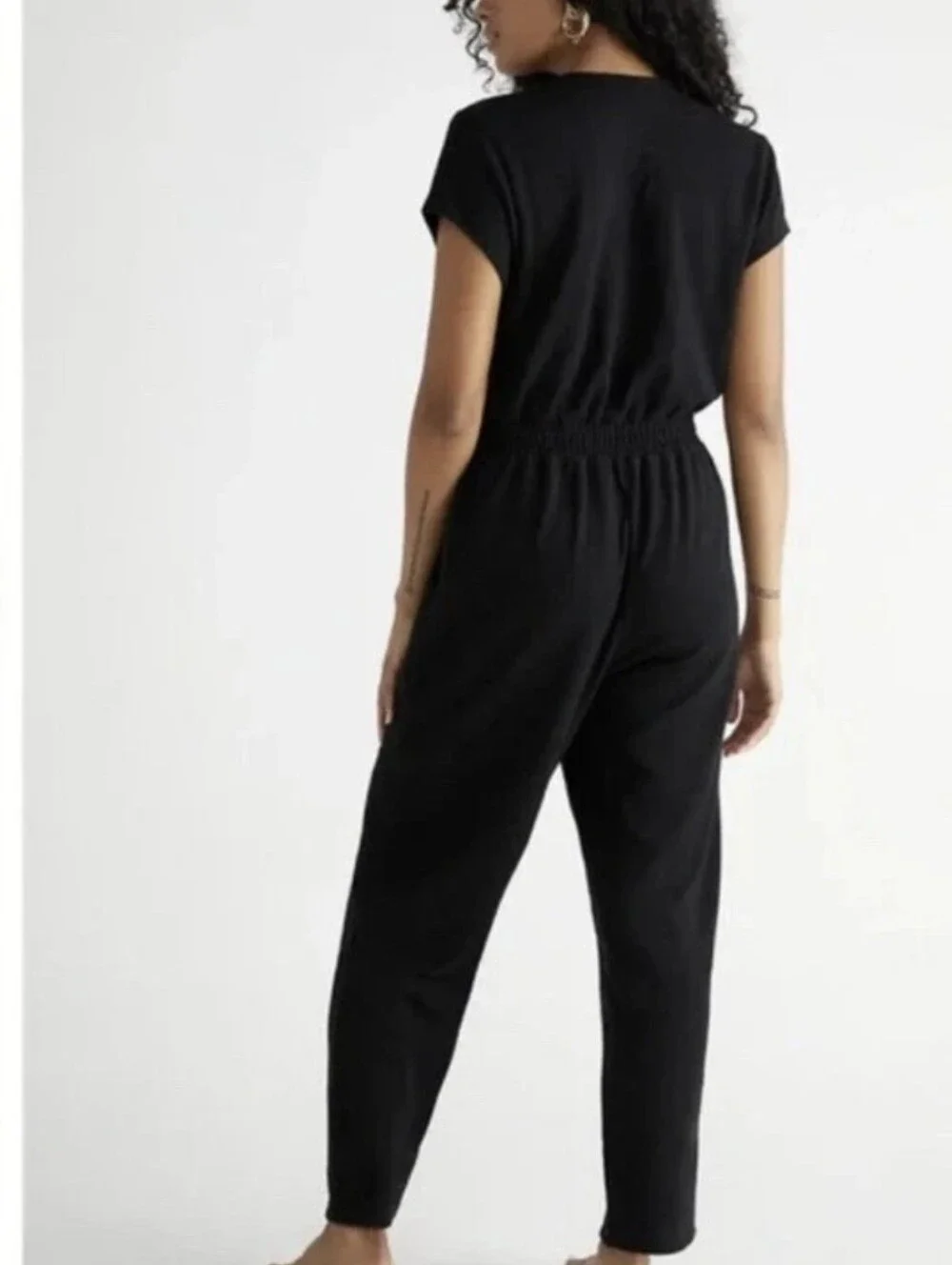 Free People Beach Rita Jumpsuit M Black Terry Knit Deep V Minimalist Resortwear